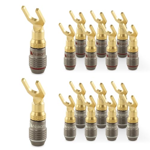Image of Nakamichi FanLock Excel Series 24k Gold Plated Spade Connector Banana Plug 10 AWG - 18 AWG Gauge Size 4mm for Speakers Amplifier Hi-Fi Home Theatre Wire Cable Quick Connector, 16 Pcs (8-Pairs) | Excel Series, Gauge Size 4mm for Speakers Amplifier Hi-Fi Stereo Radio AV Audio Wire Cable Quick Connector, 16 Pcs (8-Pairs)