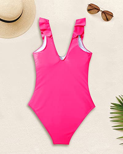 Aqua Eve Women One Piece Swimsuit Ruffle Tummy Control Bathing Suit V Neck Swimwear Hot Pink Large #TOP6