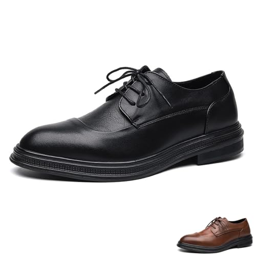 Men's Leather Vintage Lace-up Formal Low Heel Oxfords Classic Pointed Toe Stitching Details Non-Slip Comfort Rubber Sole Low Top Block Heel Tuxedo Dress Shoes for Wedding Dating Suit