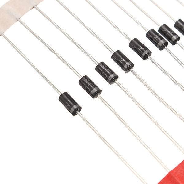 A close-up view of several IN4007 diodes, clearly showing the silver band on one end of each diode, indicating the cathode.
