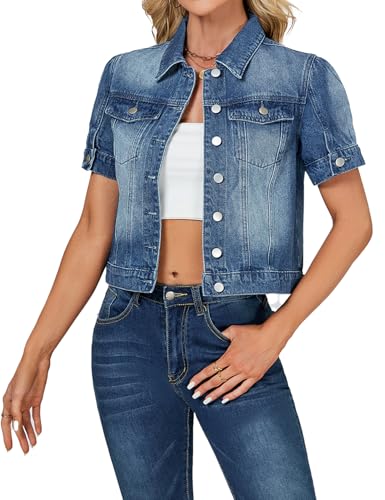 LifeShe Puff Short Sleeve Denim Jacket for Women Summer Cropped Jean Jacket Non-stretch Crop Coat