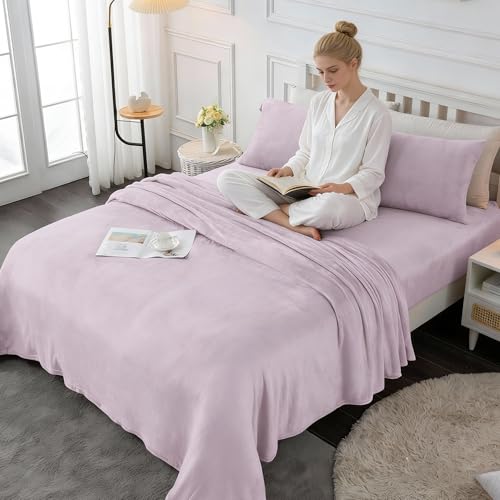 Image of Viviland Plush Microfleece Full Bed Sheet Set, Violet /Lavender | Soft Flannel-like Fleece, 100% Polyester, Fluffy Velvety Feel, 200GSM, 15 inch Deep Pocket, Warm Winter Gift & Decor