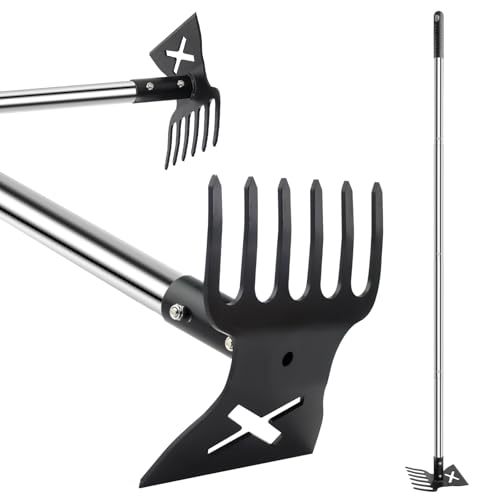 2 in 1 Garden Hoe and Cultivator Weeding Rake 6 Tines, Manual Weed Puller Tool with Long Handle, 56" Heavy Duty Hand Weeder Remover Tools for Patio, Lawn, Garden, Flower Beds, Loosen Soil and Planting
