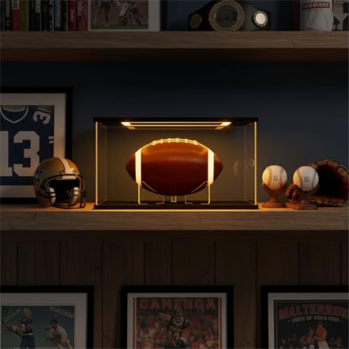 Image of Acrylic Football Display Case with LED Lights,Dustproof Memorabilia Display Box Showcase for Full Size Football with Removable Ball Stand&UV Protection (Black 12.6x7.5x7.5 inch)