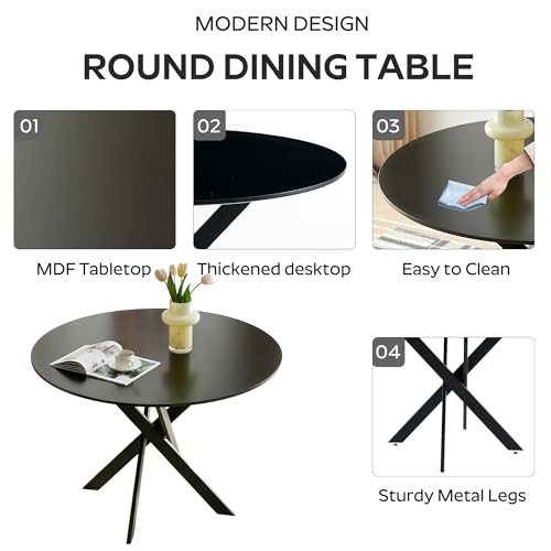 Image of Wood Dining Table Set for 4, 36 inch Round Kitchen Table with 4 Boucle Dining Chairs, MDF Tabletop with Metal Legs, Ergonomic Dining Chair with Metal Legs(Black Table)