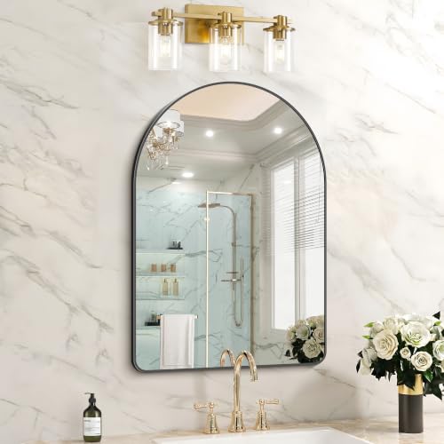 FORBATH Arched Bathroom Mirror 16x24 Inch Black Bathroom Mirror Wall Mounted Modern Aluminum Alloy Frame Arch Mirror for Bedroom Living Room Entryway Hanging or Leaning Against Wall
