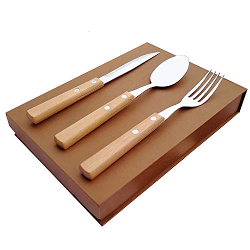 9 Pcs Rustic Wooden Handle Flatware Sets Stainless Steel Flatware Best Fancy Silverware Unique Cutlery Set include Dessert Spoon Dinner Fork Knife Eating Utensils