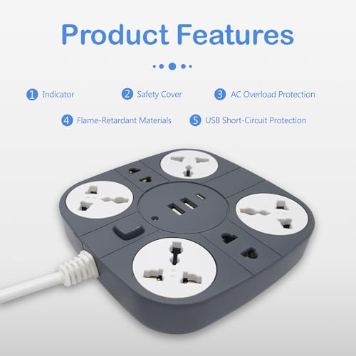Image of ADDMAX Extension Board with USB | 6 Power Sockets, 2 USB Ports + 1 Type-C Port | 1.8M Heavy Duty Cord | 10A 220V Multi Plug Extension Cord | Fireproof Power Strip for Home, Office & Laptop - Grey
