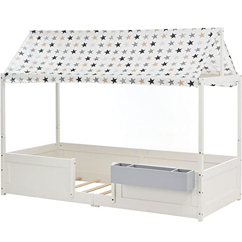 Huisbed, speelbed met stoffen tentopzetstuk, met opbergdoos, 3 combinaties, valbeveiliging, kinderbed, lattenbodem in grenenhout, 90 x 200 cm, zonder matras, wit - Afbeelding 7