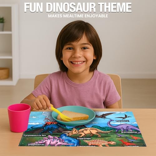 Image of Dining Table Mats Set of 2 - Dinosaur Kids Theme,Digital Print, Washable, Indoor /Outdoor, Heat-Proof, Water Resistant, Wipe & Clean (47X33 cm) Green & Multi