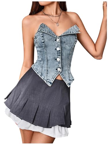 WDIRARA Women's Button Down Denim Tube Tops Y2k Asymmetrical Crop Top Sleeveless Strapless Bandeau3