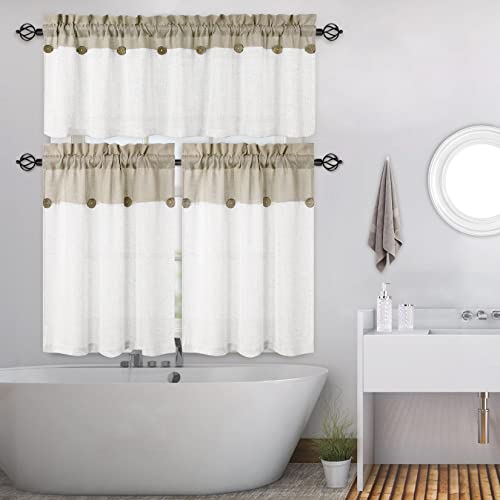 Homerry Tier Curtains For Kitchen Window, Linen Blend Rustic Color Block Bathroom Window Curtain, Farmhouse Button Design Window Treatment Decor Curtains, 27" W X 30" L, Linen, Set Of 2 #TOP6