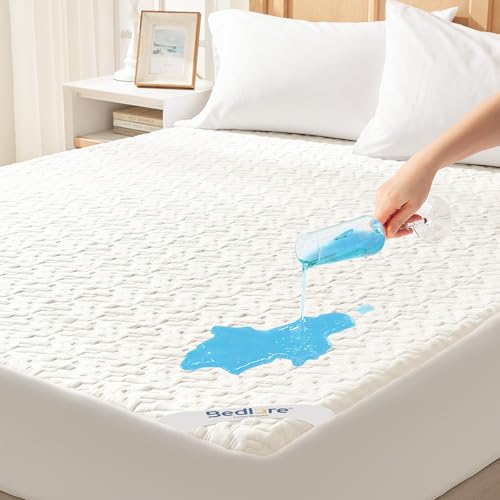 BEDLORE Waterproof Double Mattress Protector, Soft Breathable Natural Bamboo Fiber, Noiseless & Hypoallergenic, Deep Pocket Mattress Cover (White)