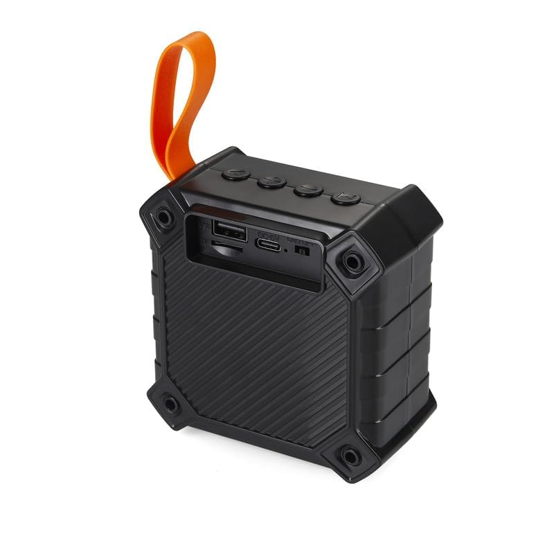 Image of Portable Bluetooth Speaker, Blue with Orange Strap, Wireless, Rugged Design, Outdoor Use (Black)