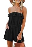LEANI Women’s Summer Off Shoulder Ruffle Rompers Strapless Elastic Waist Short Jumpsuit Black M