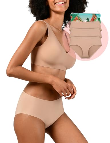 Damen Unterwäsche Seamless Hipster, Seamless Panty Damen, unsichtbarer Slip empfohlen für Sport & Alltag, Bio-Baumwoll-Zwickel, Nude, Größe XL, Dreierpack