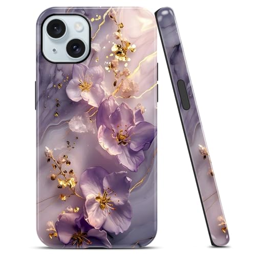 Coque iPhone 15 marbre violet chic avec protection hybride haut de gamme