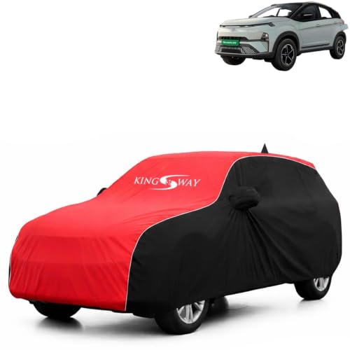 Image of KINGSWAY Super Waterproof Car Cover Only with Tata Nexon EV (Year 2023 Onwards - All Model) | Mirror and Antenna Pockets | All Weather Car Body Cover with Silver Piping | Black Red