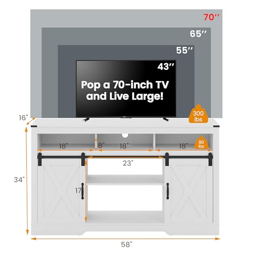 Image of RoyalCraft Farmhouse TV Stand with Sliding Barn Door for TVs up to 65+ Inch, 34 inch Tall Entertainment Center, Wood Media Console Storage Cabinet for Bedroom, Living Room, White