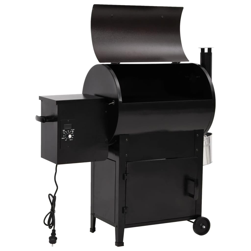vidaXL Barbacoa de Pellets con Chimenea, Parrilla para BBQ con Rueda y Cubo de Aceite 6 en 1 Limpia Fácil, Ahumador de Pellets, Hierro Negro