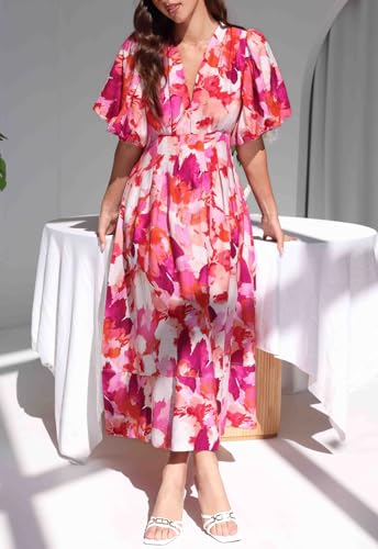Image of Maxigerui Women's Summer Floral Maxi Dress Spring Wedding Guest Dress 2026 Red Floral S