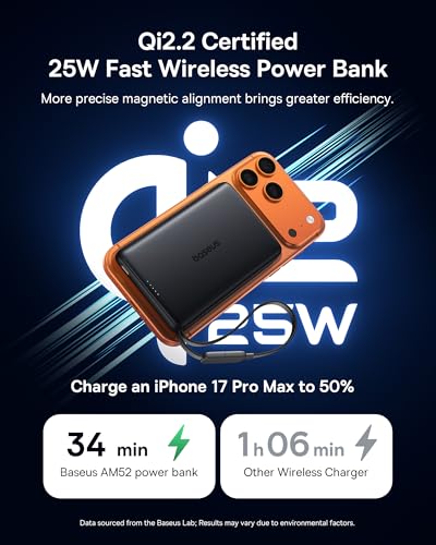 Image of Baseus Picogo AM52 MagSafe Power Bank, Qi2.2 25W 10,000mAh Magnetic Portable Charger, 0.6 inch Slim Built-in 45W USB-C Cable, Alloy Fast Charging Wireless Battery Pack for iPhone 17 /16 /15 /14 /13 /12 Only
