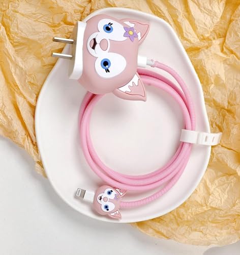 Image of Meyaar Silicone Protective Case for Apple 20W & 18W iPhone USB-C Power Adapter Charger and for USB Lightning Cable, 3D Cartoon Case for iPhone Charger 18W /20W Only (Kitty (Pink))