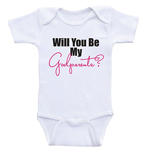 Heart Co Designs Godparent Baby Clothes Will You Be My Godparents Cute Baby Onesie Bodysuits (NB-Short Sleeve, Hot Pink Text)