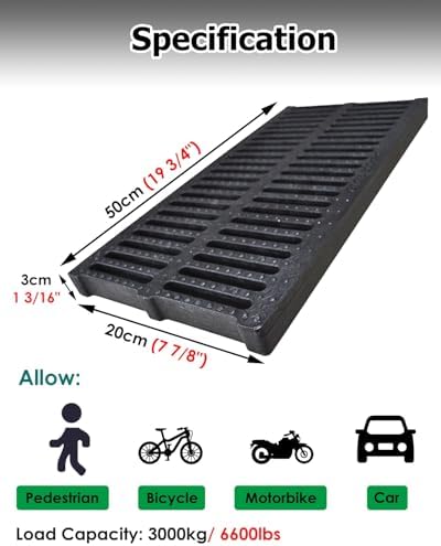 4"/6"/7"/8" French Drain Grate Diverter - Non-Slip Rectangular Outdoor Trench Cover for Rainwater Management, Durable Downspout Protector (50x15x2cm)