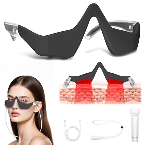 Under-Eye Light Therapy Device, Beauty Device with Eye Massage for Relieve Eye Bags, Eye Fatigue, Dark Circles, with Gel and Glasses Strap (Black &amp; 2 modes)