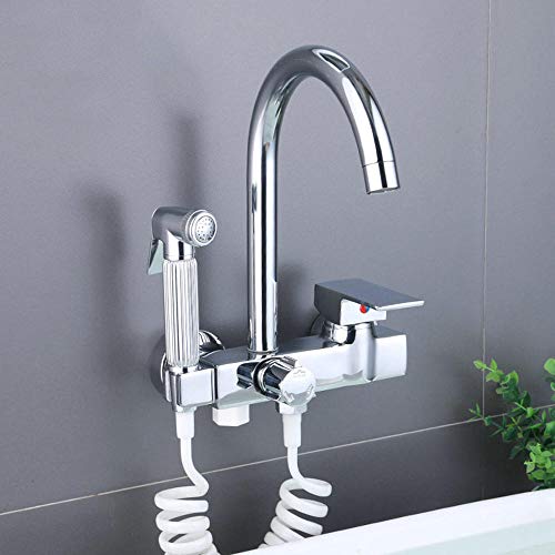Robinet mural de cuisine en cuivre chromé à double poignée avec pulvérisateur eau chaude et froide