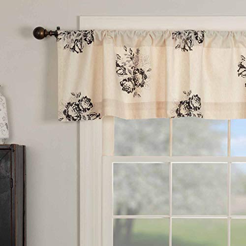 Piper Classics Lydia Black Floral Valance Curtain, 16\" x 72\", Vintage Farmhouse Boho Style Flower Print Window Treatments, Cream & Black