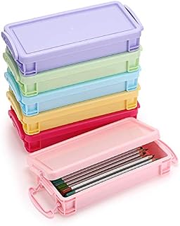 BSTKEY 6 Packs Candy Colors Stackable Pencil Boxes - Multifunctional Plastic Storage Box Holder Stationery Container for Home Office Use, Yellow, Green, Blue, Pink, Purple, Rose Red