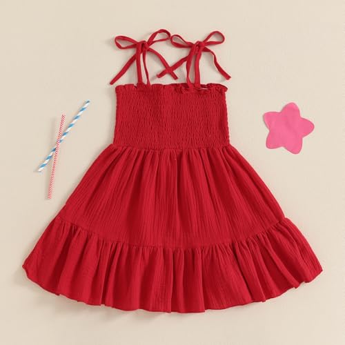 Toddler 4th of July Outfit Girl Sleeveless Lace Up Shoulder Letter Embroidery Ruched Dress Girls Summer Dresses4