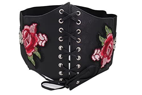 Women Faux Leather Fashion Wide Elastic Band Corset Belt High Waist Flower S M Black2