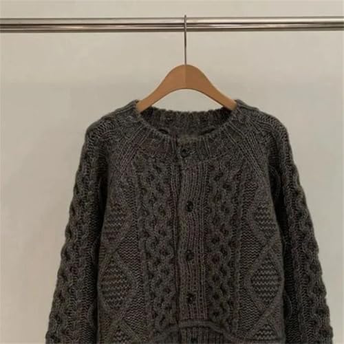 Women Chunky Line Twist Sweater Thick Short Round Neck Knitted Cardigan Tops3