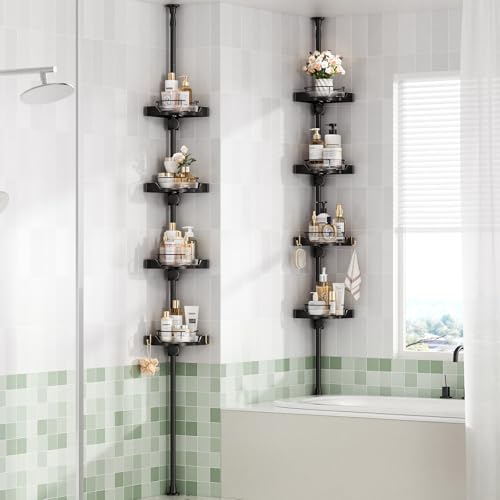 Image of akinbas 360 Rotating Shower Caddy Tension Pole with 4-Tier Rustproof Lazy Susan 35-128 Inch No Drilling Coner Shelves Adjustable Shower Rack for Bathroom Bathtub Washbasin Plant Storage (Black)