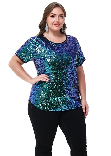 Anna-Kaci Women's Sequin Tops Plus Size Round Neck Sparkle Glitter Short Sleeve Party Tunic Blouse3