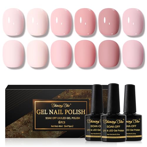 Shining She Esmaltes Semipermanentes de Uñas en Gel UV LED, 6 Colores Primavera Verano Rosa Nude Rosa Tierno Natural Pintauñas Semipermanentes para Novato Salón de Uñas Creativas,8ML