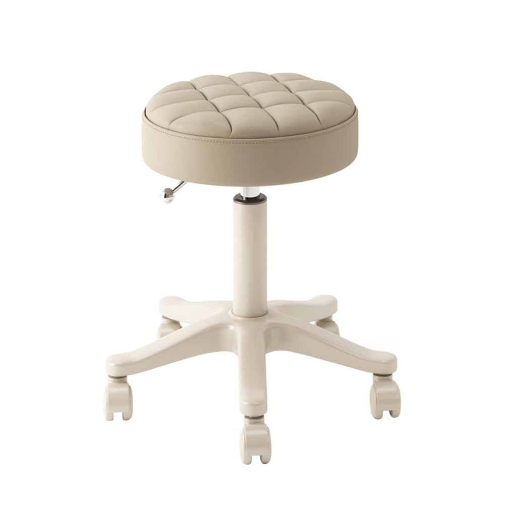 MOZOGOT PU Leather Round Rolling Stool Height Adjustable, Swivel Drafting Work SPA Shop Salon Stools with Wheels Office Chair Small (Beige)