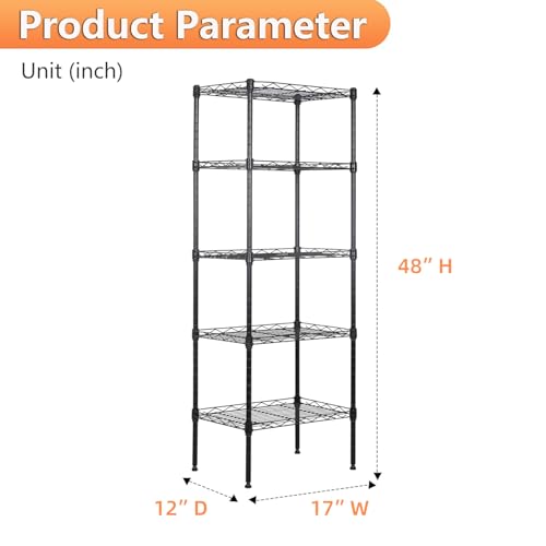 Image of BestOffice | 5-Tier Wire Storage Shelves | 17x12x48 | Black | with Adjustable Racks | Heavy-Duty Metal Shelf, Holds Upto 750 lbs | No-Tool Assembly | Ideal for Home & Garage Shelving