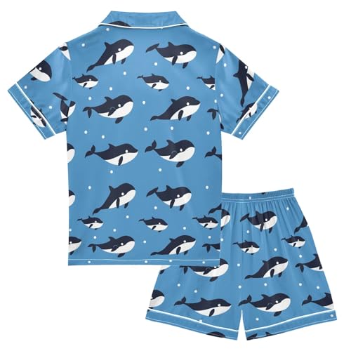 Cartoon Killer Whale Print Summer Satin Pajama Set, Cute Button-Down Sleepwear Pj Set for Sleep Wears2