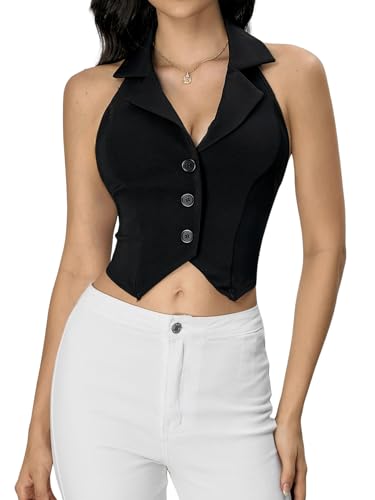 Verdusa Women's Notch Neck Backless Asymmetrical Hem Button Front Crop Blazer Vests