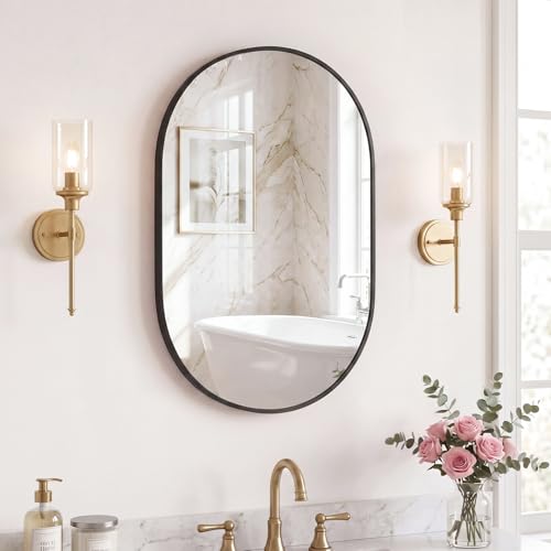 Image of NEWBULIG 20 inch x 30 inch Oval Bathroom Mirror, Black Wall Mirrors with Metal Frame, Tempered Glass, Morden Vanity Mirror for Over Sink, Entryway, Living Room, Bedroom, Horizontal or Vertical