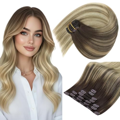 Image of Sunny Hair Clip in Hair Extensions Real Human Hair Blonde Ombre 22 Inch | Real Hair Extensions Clip in Human Hair Brown Blonde, Flowing and Fuller Hair with Balanced Shape for Date Night 120g