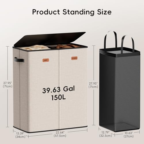 Image of 150L Double Laundry Hamper With Lid, Large Clothes Hampers with Removable Bag, Laundry Hamper 2 Section for Bathroom, Bedroom, Laundry Room, Dorm