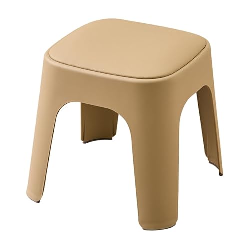 Modern Plastic Stools,Square Stackable Stools with Padded Seats,Backless Space Saving Vanity Chair for Bedroom Dining Room Living Room,Khaki