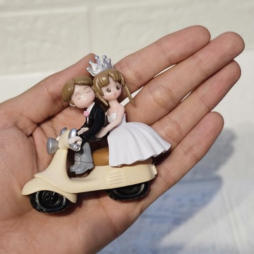 Image of Vintage Decorative Miniature Couple on Scooter Figurine, PVC Garden Ornament, Romantic Home Decor Collection Piece