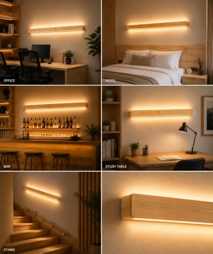 Image of EMON Premium Wooden LED Wall Light Bar 100cm | Modern Warm White Wooden Wall Lamp | Minimalist Decorative Light for Bedroom, Living Room, Staircase & Hotel Decor