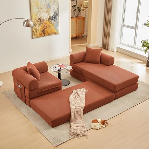 Image of 107 inch Modular Sectional Sofa Bed, L-Shape Corduroy Boneless Couch, Orange